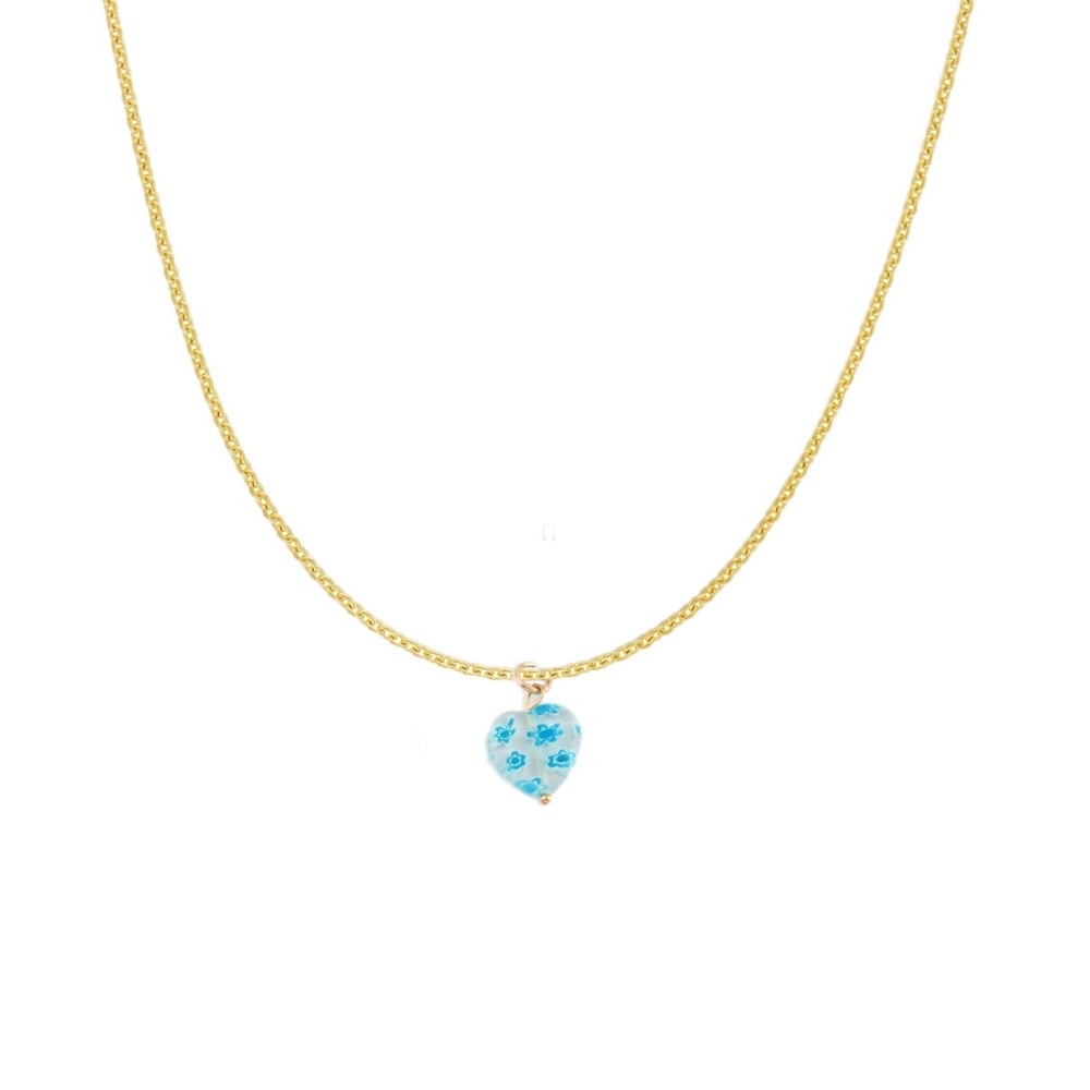 Blue Floral Glass Heart Gold Charm Necklace